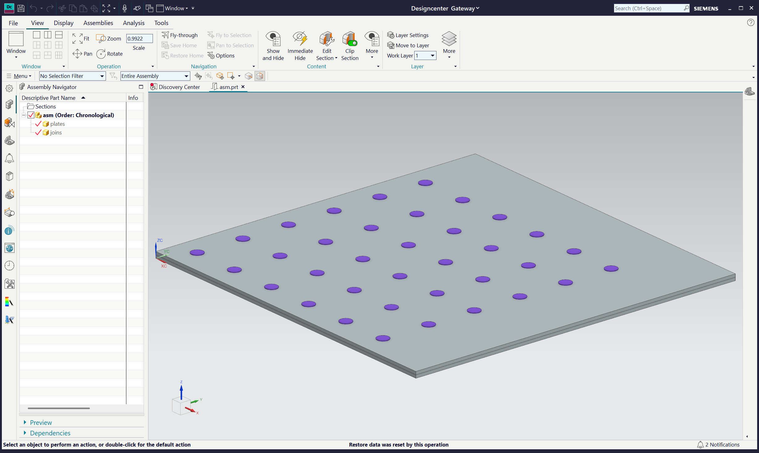 The verification assembly in NX: two plates and the Join fasteners