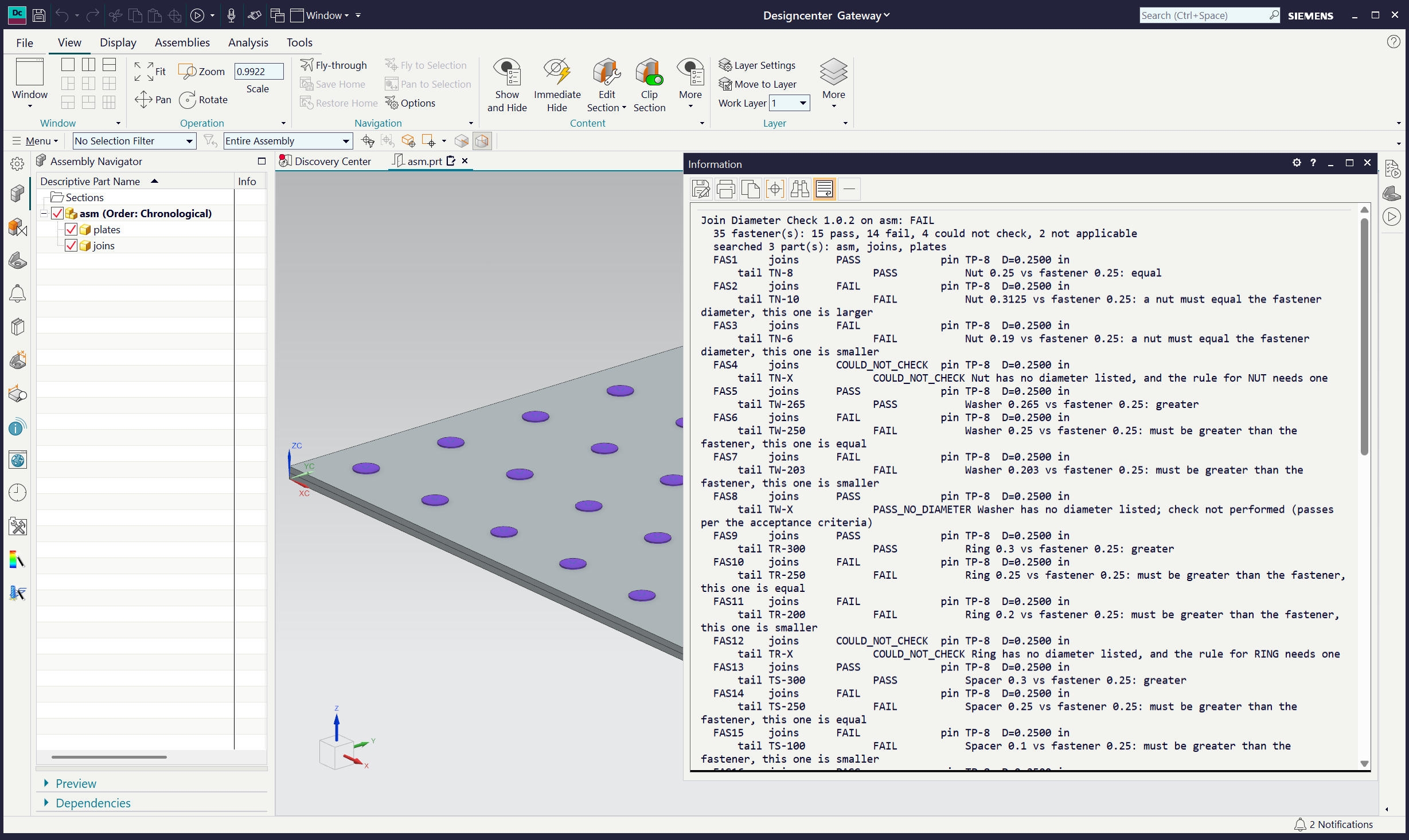 NX with the verification assembly and the Join Diameter Check results
