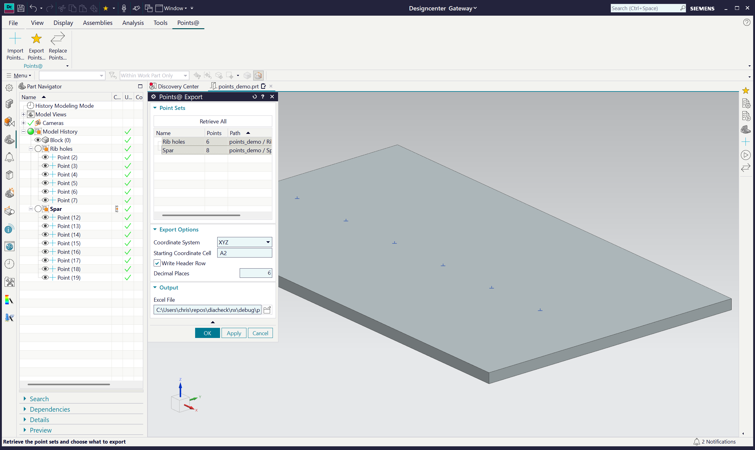Points@ Export dialog in NX listing the point sets
