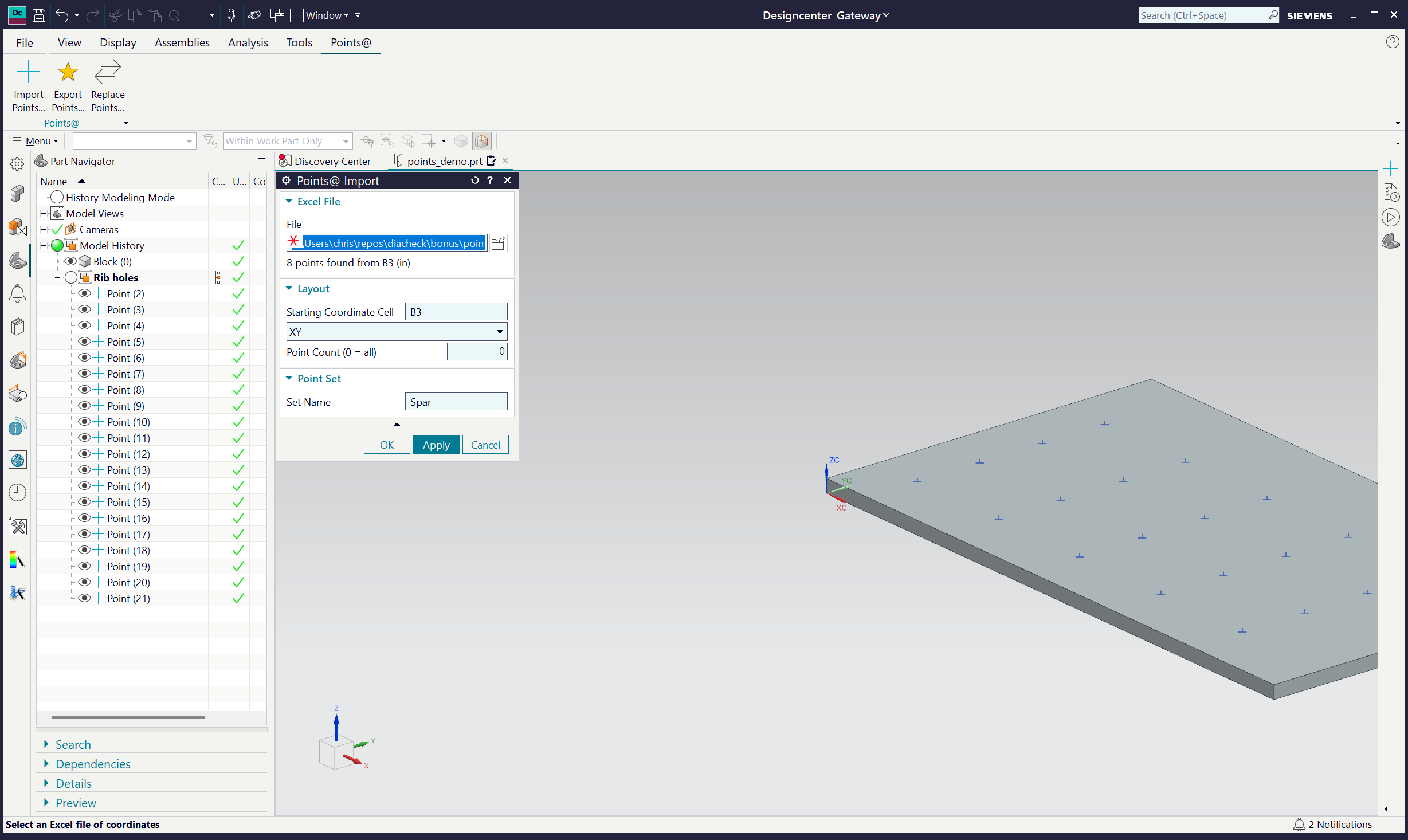 NX with the Points@ ribbon tab, the Import dialog and an imported point set